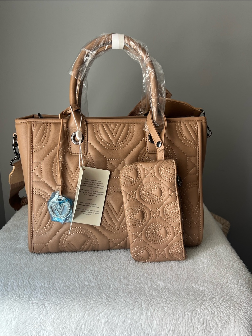 Valentino Orlandi Quilted Tan Satchel with Detachable Pouch